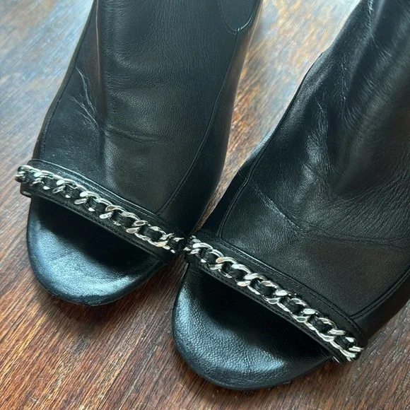 Chanel Women's Chain Peep Open Toe Booties Leather Black Lambskin